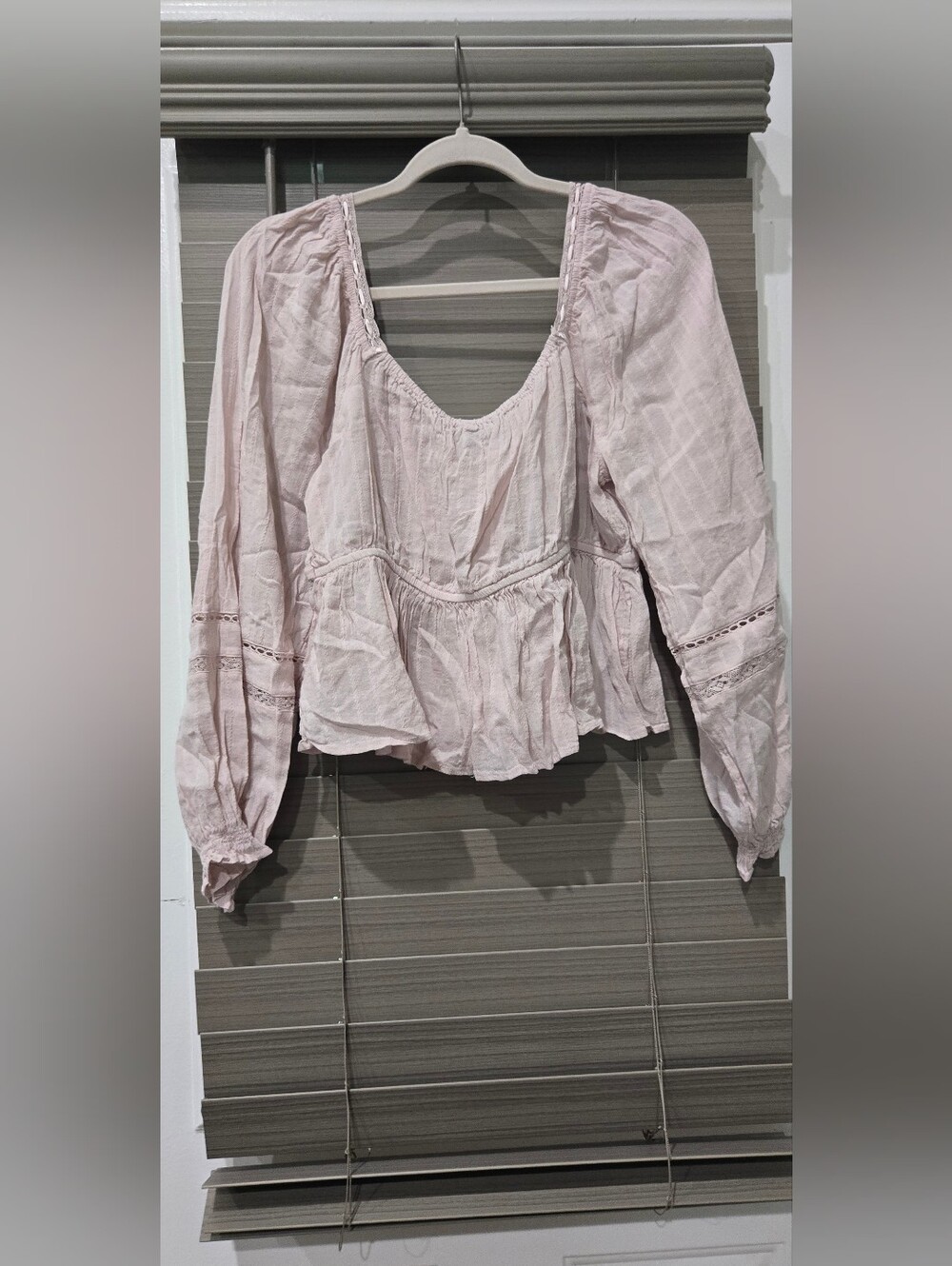 Light Pink Women's Peasant Blouse with Lace Trim - Picture 2 of 6